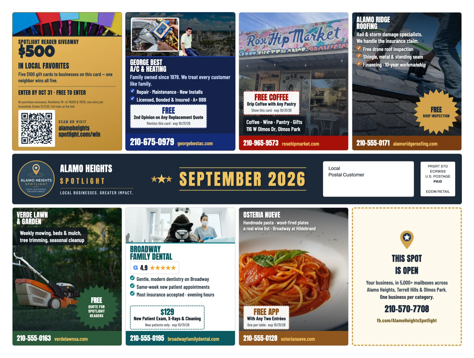 Front of the September 2026 Alamo Heights Spotlight card, showing eight ad slots around the postal band