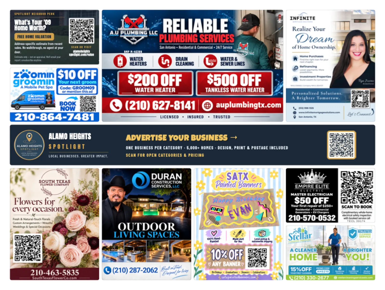 Back of the September 2026 Alamo Heights Spotlight card, showing eight more ad slots